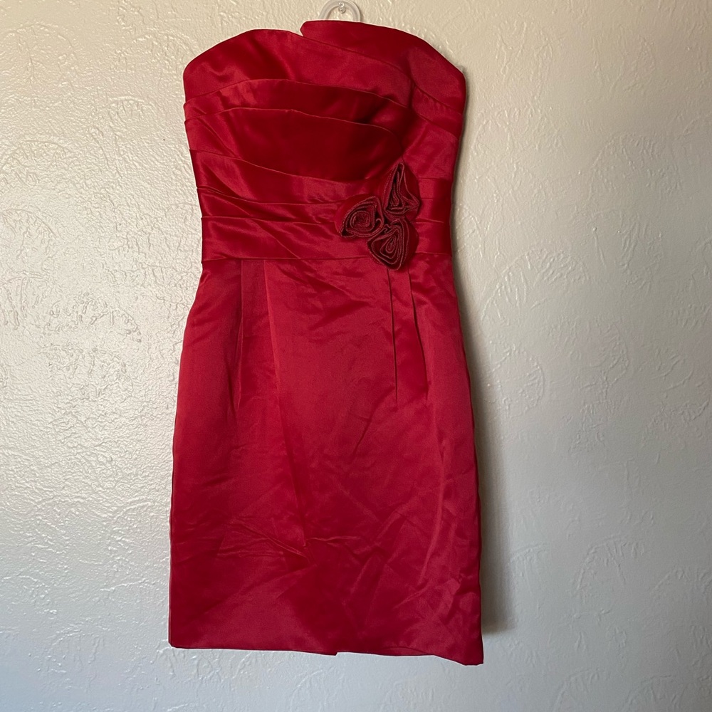 Red Strapless Dress with Rose details.